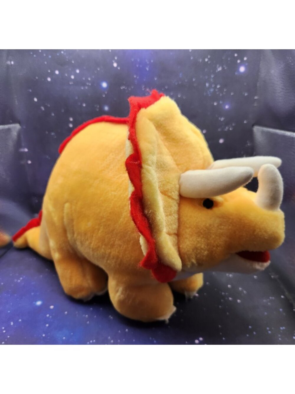 Plush Triceratops Yellow & Red Dinosaur 16" x 7" B.J. Toy Stuffed Animal USED